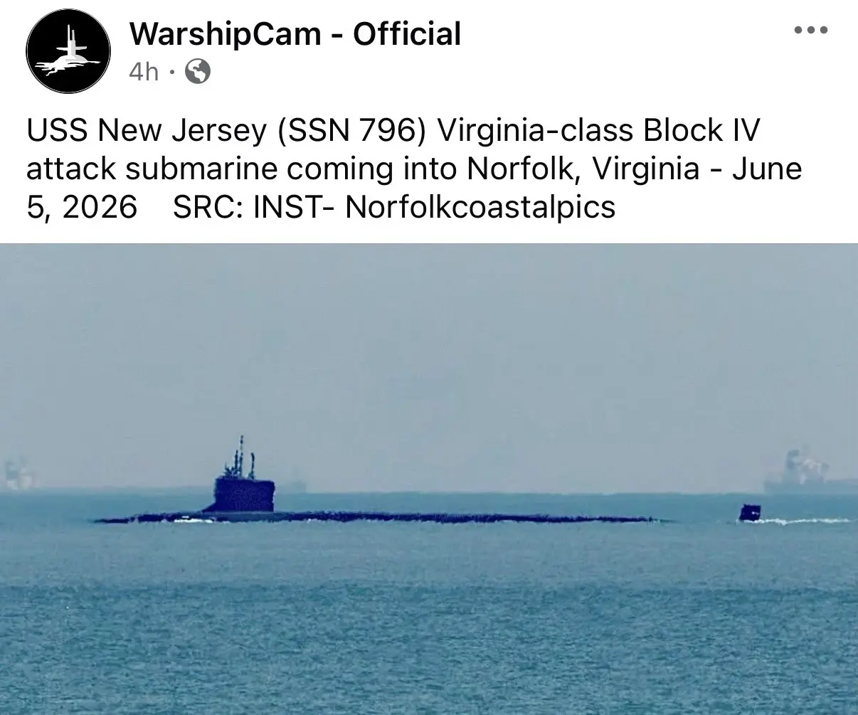 USS New Jersey (SSN-796) returning to homeport at Naval Station Norfolk