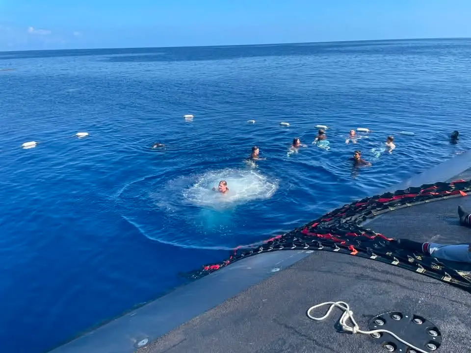 Crew of USS New Jersey during a swim call on a recent underway.